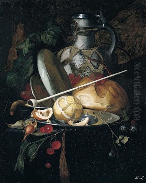 A Still Life Of A Peeled Lemon And Orange On A Pewter Plate, Cherries, Nuts, A Pipe, A Jug, Bread And Other Objects Resting On A Ledge Oil Painting by Elias van den Broeck