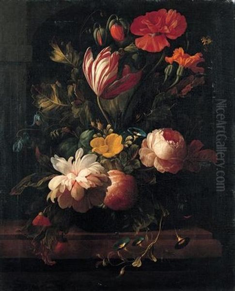 A Still Life Of Roses, Irises, Narcissi, Poppies And Various Other Flowers In A Vase On A Stone Ledge Oil Painting by Elias van den Broeck