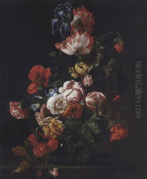 Tulips, Poppies, A Daffodil, An Iris, Roses And Other Flowers In A Glass Vase On A Ledge Oil Painting by Elias van den Broeck