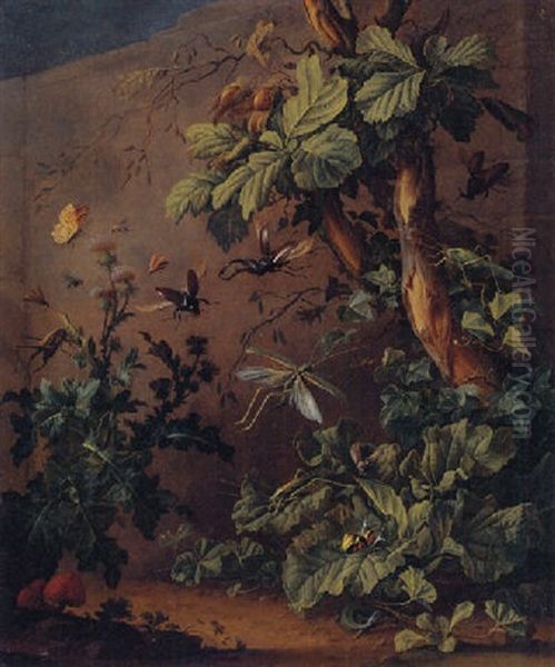 A Forest Still Life With Beetles, Grashoppers, Snails, A Butterfly, A Lizard And Other Insects by Elias van den Broeck