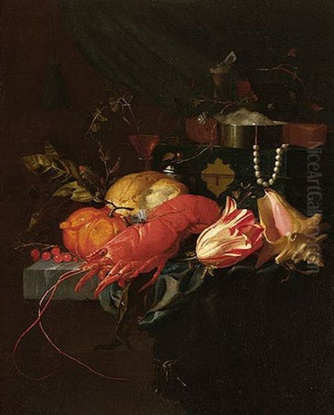 A Still Life Of A Lobster, A Conch Shell, A Tulip, Orange, Redcurrants, Bread And Other Objects Upon A Partly Draped Stone Ledge Oil Painting by Elias van den Broeck