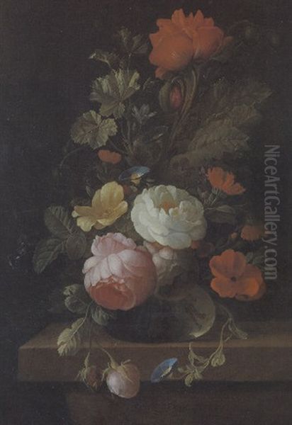 Blumenstrauss Von Rosen, Wicken, Schneerose Und Mohn In Einer Glasvase Oil Painting by Elias van den Broeck