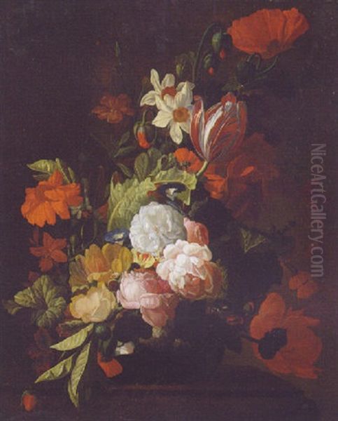 Tulips, Roses, Poppies And Narcissus In An Urn On A Ledge Oil Painting by Elias van den Broeck