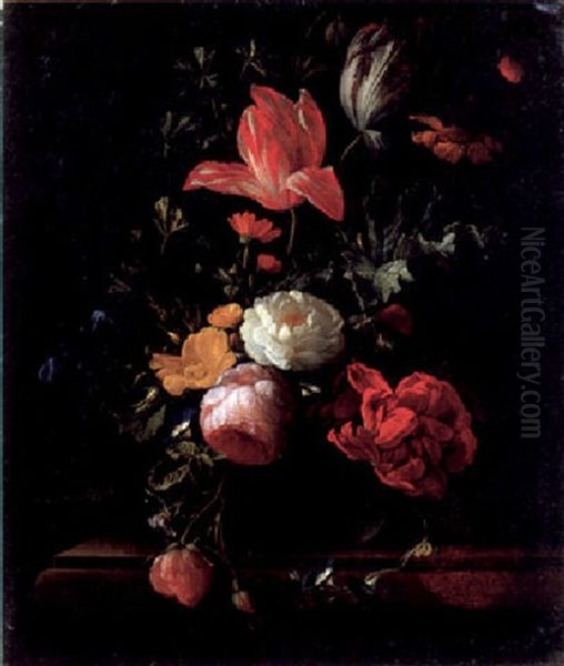 Pink And Red Roses, Parrot Tulips, Camellias And Other Flowers In A Vase On A Ledge Oil Painting by Elias van den Broeck