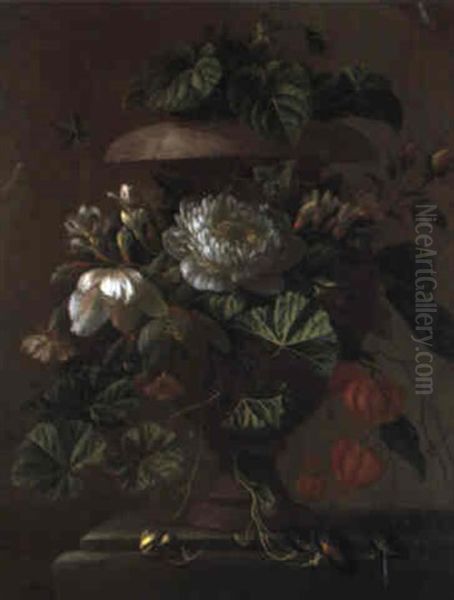 Blumengirlande Und Steinvase Mit Schnecke Oil Painting by Elias van den Broeck