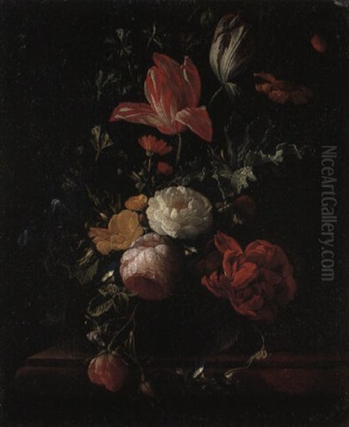 Pink And Red Roses And Other Flowers In A Vase On A Ledge Oil Painting by Elias van den Broeck