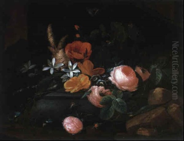 Blumenstilleben Mit Rosen, Wicken, Mohnblumen, Eidechsen Und Einem Schmetterling Oil Painting by Elias van den Broeck