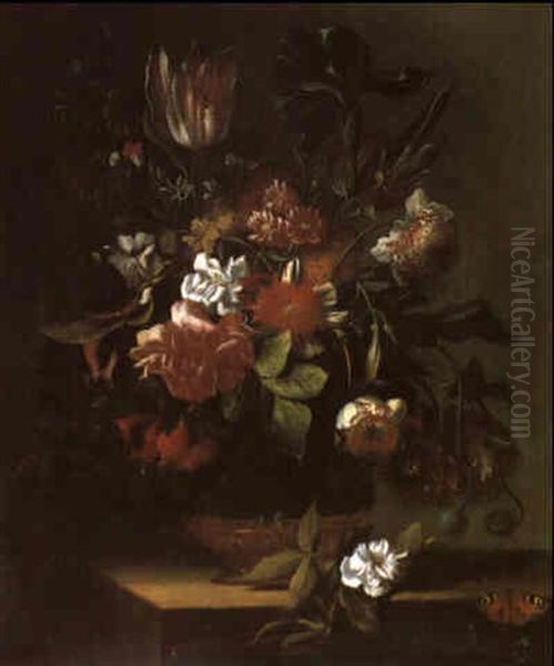 Ein Blumenstraus Von Pfingstrosen, Rosen, Tulpen, Schwertlilien Und Mohn Oil Painting by Elias van den Broeck