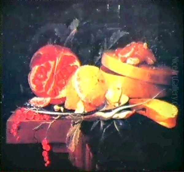 Natura Morta Con Melograno, Limone, Frutta Candita Su Una   Scatola Rotonda Biscotto E Ribes Oil Painting by Elias van den Broeck