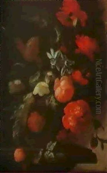 Still Life Of Roses, Tulips, Poppies And Other Flowers In Anurn Upon A Ledge Before A Stone Niche Oil Painting by Elias van den Broeck