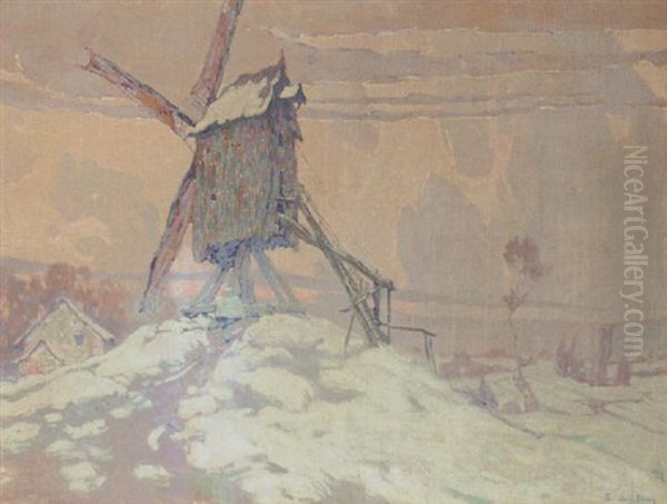 A Windmill In A Snowy Landscape Oil Painting by Pol Van De Broeck