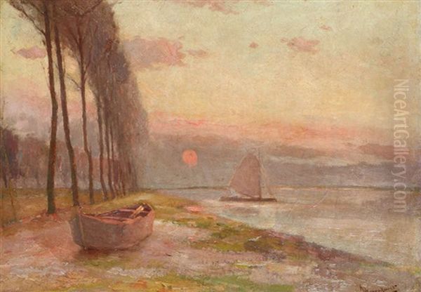 Chaloupe Par Maree Basse Au Coucher De Soleil Oil Painting by Herman Broeckaert