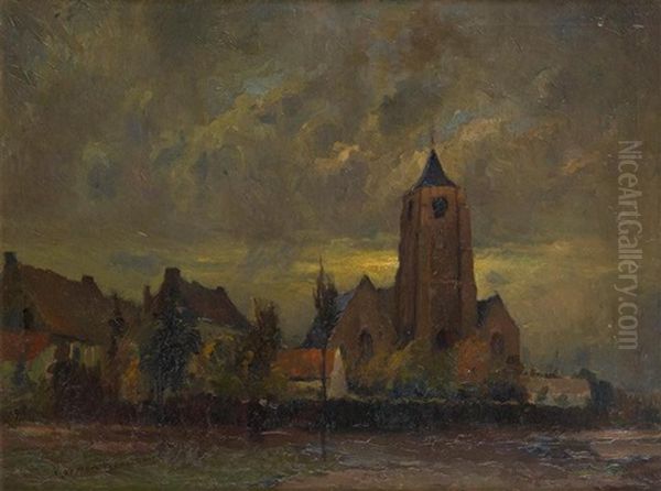 Coucher De Soleil Sur L'eglise Oil Painting by Herman Broeckaert