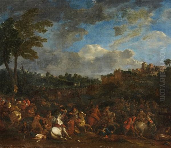 Cavalry Battle By A Village Oil Painting by Jasper Broers