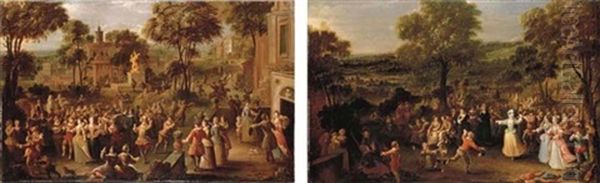 A Fete Champetre (+ Elegant Company At A Ball In An Italianate Garden; Pair) Oil Painting by Jasper Broers