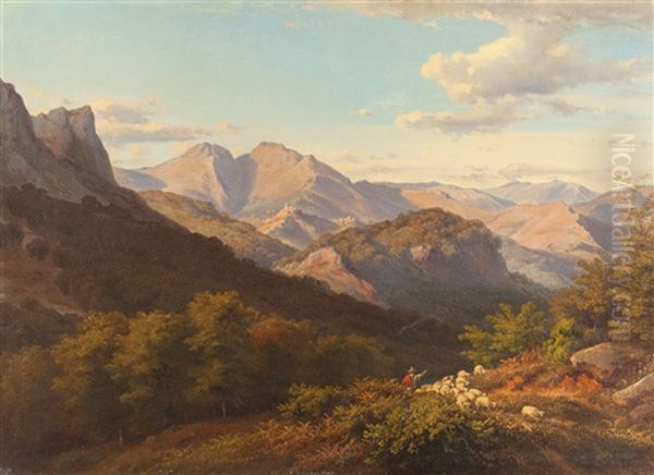 Ideale Landschaft Mit Schafern In Den Albaner Bergen Oil Painting by August Bromeis