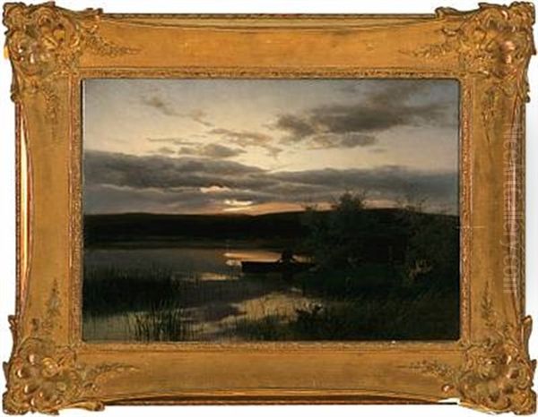 Sunset With A Man Fishing In A Lake Oil Painting by August Bromeis