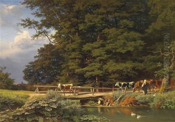 Heimtrieb. Vor Dichtem Laubwald Hirtin Mit Ihrem Vieh Auf Dem Heimweg. Links Die Silhouette Einer Nahen Stadt. Spater, Sonniger Sommertag Oil Painting by August Bromeis