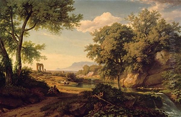 Weite Suditalienische Landschaft. Vorn, Am Rand Einer Lichtung, Hirten Mit Ihrem Vieh Oil Painting by August Bromeis