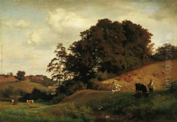 Idyllische Sommerlandschaft Mit Bauernkaten Und Einem Viehhirten Auf Dem Felde Oil Painting by August Bromeis