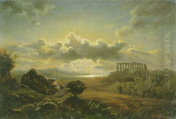 Griechischer Tempel In Kustenlandschaft Oil Painting by August Bromeis