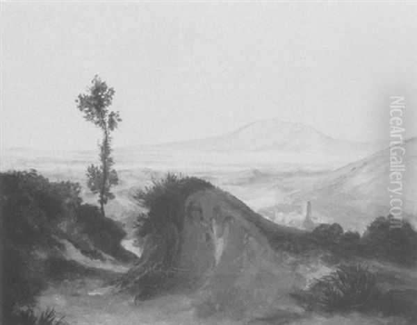 Blick Auf Die Albaner Berge; Im Mittelgrund Die Ortschaft Ganazzano, Rechts Die Anhohe Nach Palestrina Oil Painting by August Bromeis