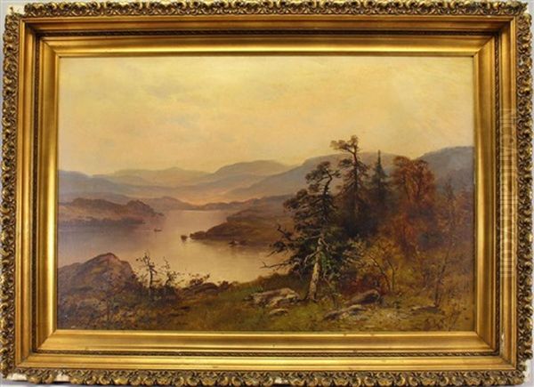 Painting Of A River Landscape With A Mountainous Background Oil Painting by Frank C. Bromley