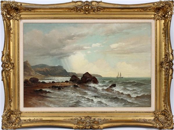 Rocky Coastline With Sailboats In The Distance Oil Painting by Frank C. Bromley