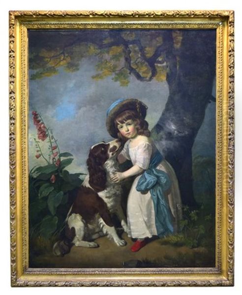 A Small Child With A Liver And White Spaniel In A Landscape Oil Painting by Richard Brompton