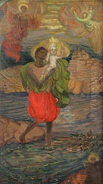 St. Christopher Carrying Jesus (recto/verso) Oil Painting by August Bromse