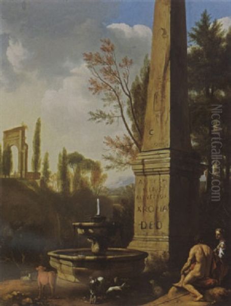 A Classical Landscape With Shepherds Resting With Their Flock By A Fountain Near A Roman Obelisk Oil Painting by Gerrit van Bronckhorst