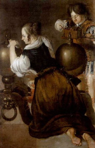 A Young Woman And A Boy Polishing Fire-dogs Oil Painting by Jan Gerritsz van Bronckhorst