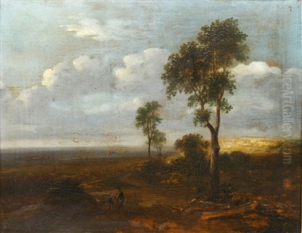 Landscape With Pair Of Figures (+ Landscape With A Gentleman On A Horse; Pair) Oil Painting by Alexandre Theodore Brongniart