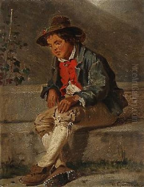 An Italian Boy Sitting On The Doorstep Oil Painting by Fedor Andreevich Bronnikoff