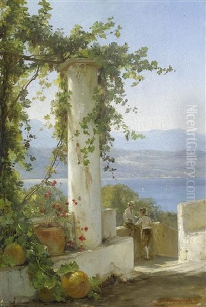 Italienische Kustenlandschaft Mit Zwei Personen Im Vordergrund Oil Painting by Fedor Andreevich Bronnikoff