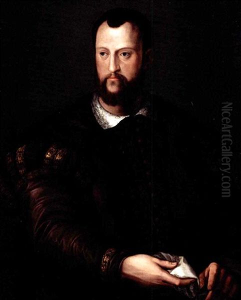 Portrait Of Cosimo I De Medici (1519-1574), Half Length, Wearing A Fur-lined Brown Embroidered Cloak And Holding A White Handkerchief Oil Painting by  Bronzino