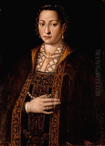 Portrait Of Eleanora Of Toledo, Grand Duchess Of Tuscany, In A Richly Embroidered And Bejewelled Dress Oil Painting by  Bronzino