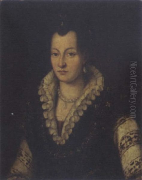 Portrait Od Duchess Bianca Capello In An Embroidered And Jeweled Bodice With White Sleeves And Gauffered Collar Oil Painting by  Bronzino