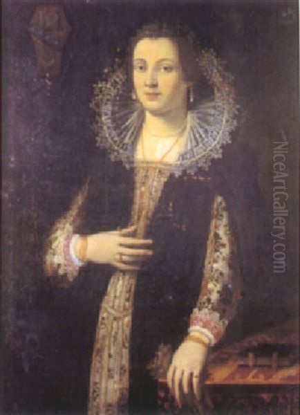 A Portrait Of A Lady With A Lace Collar Holding A Pair Of Gloves Oil Painting by  Bronzino