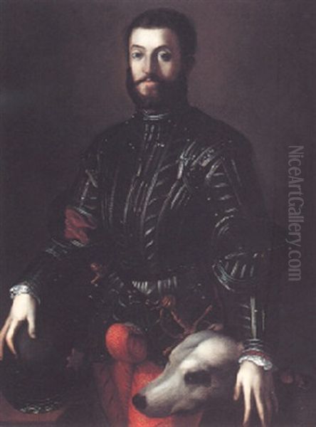 Portrait Of Guidobaldo Della Rovere In Armour, Three-quarter Length, With Dog Oil Painting by  Bronzino