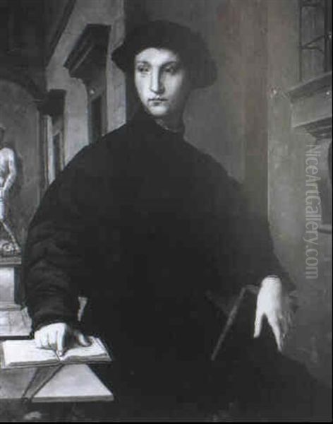 Portarait Of Ugolino Martelli, Standing Three-quarter       Lengthin Black Costume With Black Cap, With Open Book Oil Painting by  Bronzino