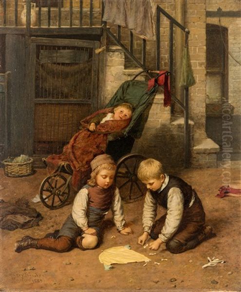 Children Playing In The Courtyard Oil Painting by Harry Brooker