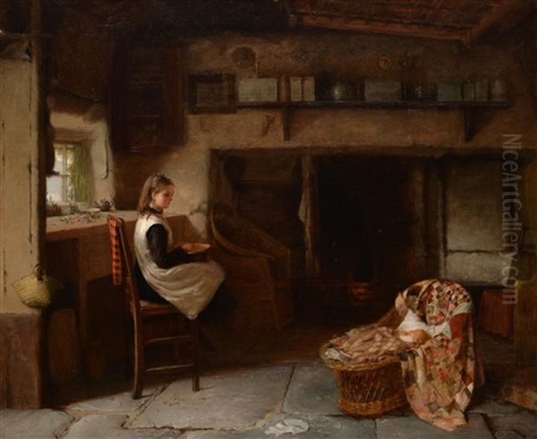 A Young Girl Preparing Vegetables In A Cottage Interior Whilst Minding The Baby Oil Painting by Harry Brooker