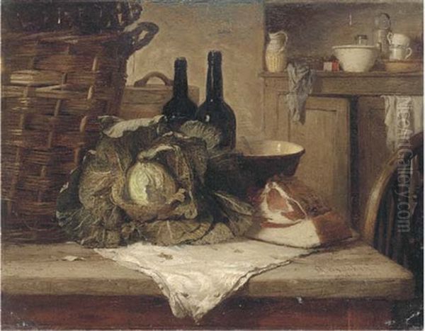 A Cabbage, Joint Of Meat, Bottles And A Wicker Basket On A Kitchen Table Oil Painting by Harry Brooker