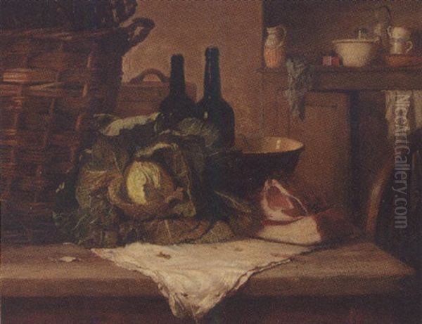 A Kitchen Interior Oil Painting by Harry Brooker