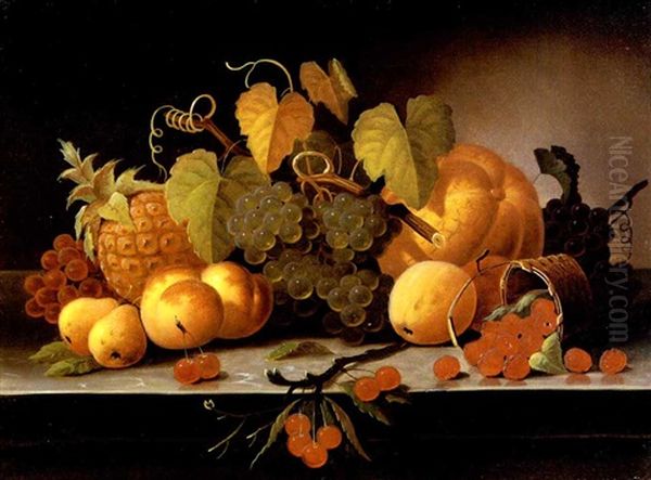 Still Life With Fruit, Melon And Pineapple On A Ledge Oil Painting by Samuel Marsden Brookes