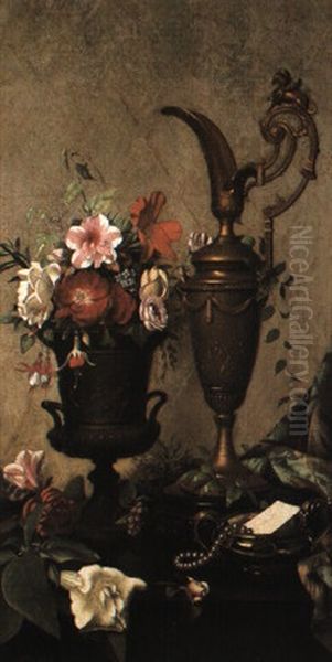 Still Life With Summer Flowers And Ewers Oil Painting by Samuel Marsden Brookes