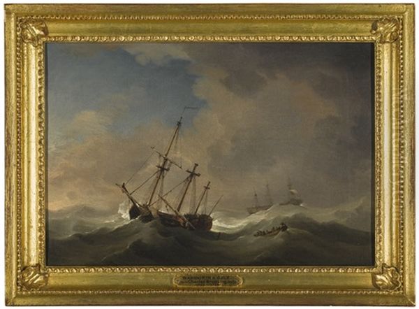 A Flagship Shortening Sail In A Gale Oil Painting by Charles Brooking