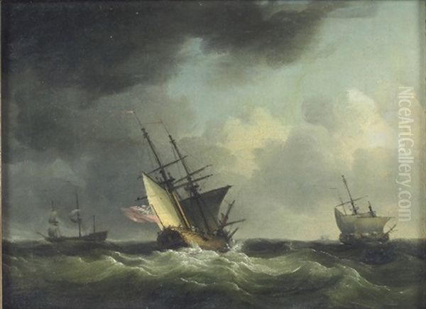 A Show And Other Merchant Shipping In A Strong Breeze After A Gale Oil Painting by Charles Brooking