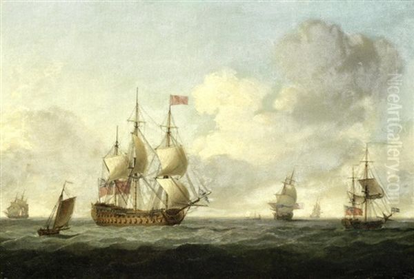 A Vice-admiral Of The Red's Flagship Running Before The Wind, With Other Ships Of Her Squadron In The Near Vicinity Oil Painting by Charles Brooking